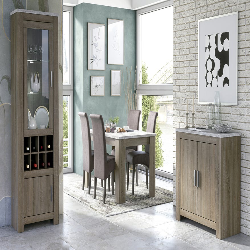 Meuble bas, meuble de rangement 2 portes coloris chêne truffé, blanc  vieilli - Longueur 99,5 x profondeur 45 x hauteur 90,50 cm