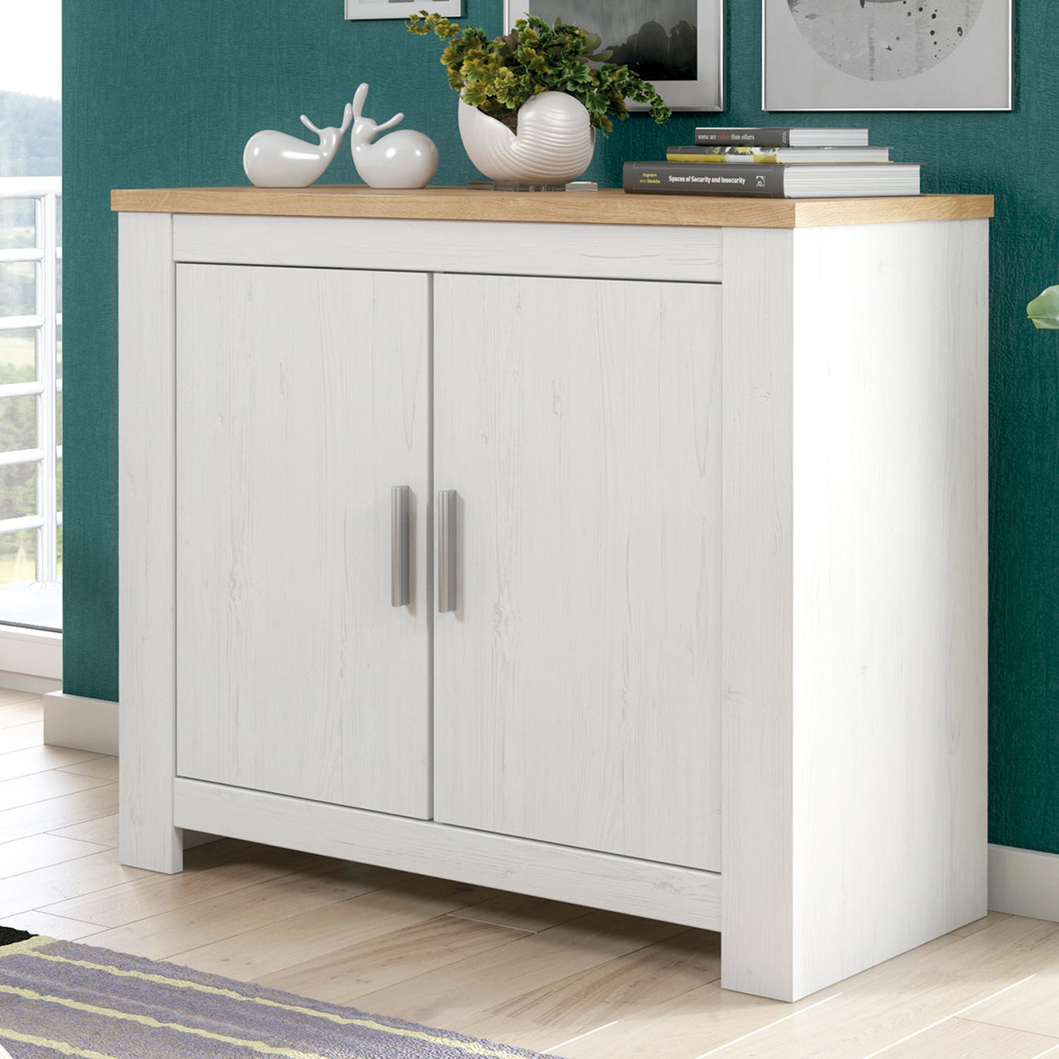 Meuble bas, meuble de rangement 2 portes coloris chêne, pin andersen -  Longueur 99,5 x profondeur 45 x hauteur 90,50 cm