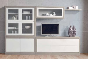 MOBILI 2G - PARETE ATTREZZATA PORTA TV IN LEGNO SHABBY BIANCO L.245