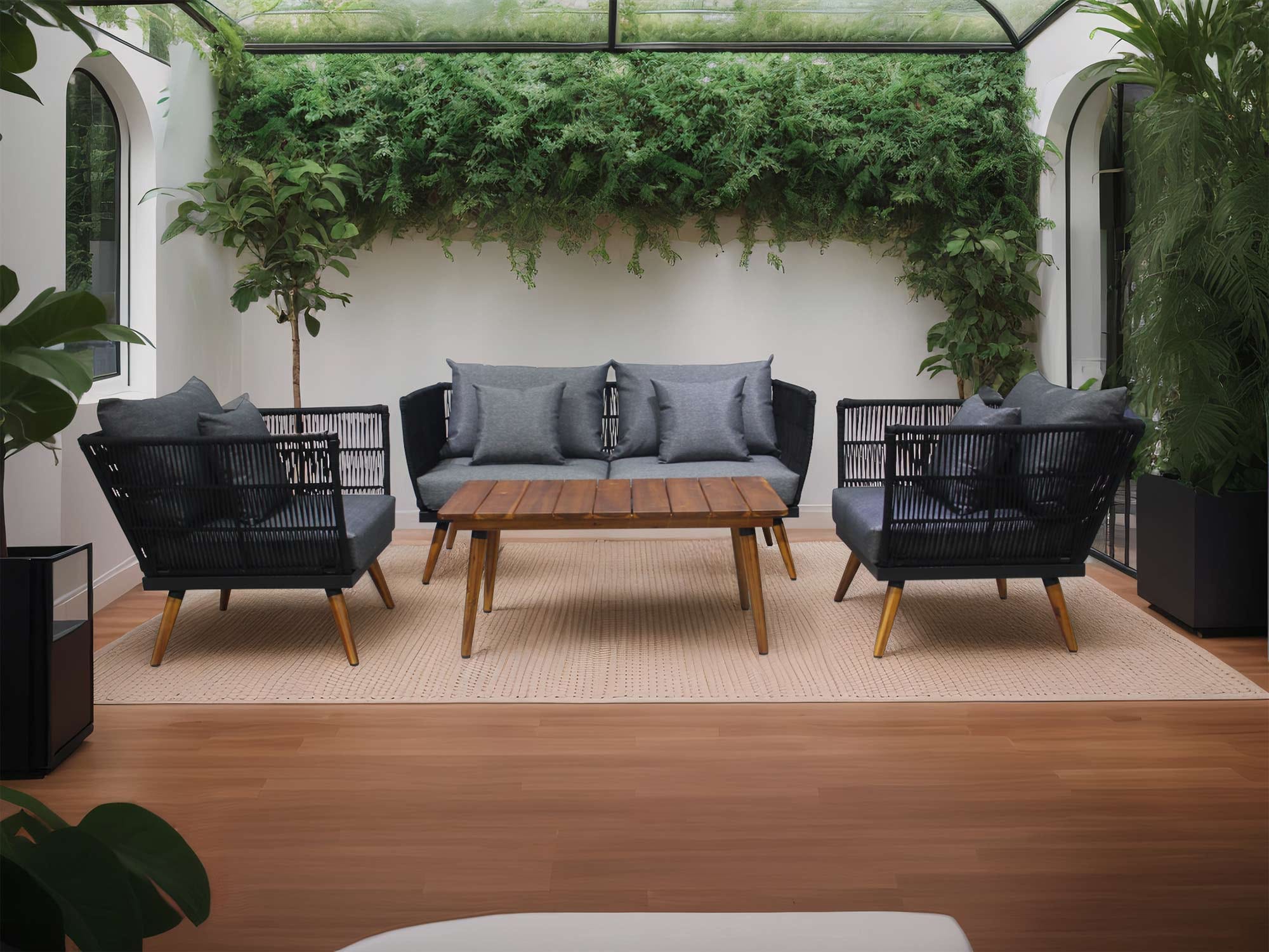 TIAGO - salon bas de jardin 4 places + table - corde et bois - noir et  coussins gris - housse de protection