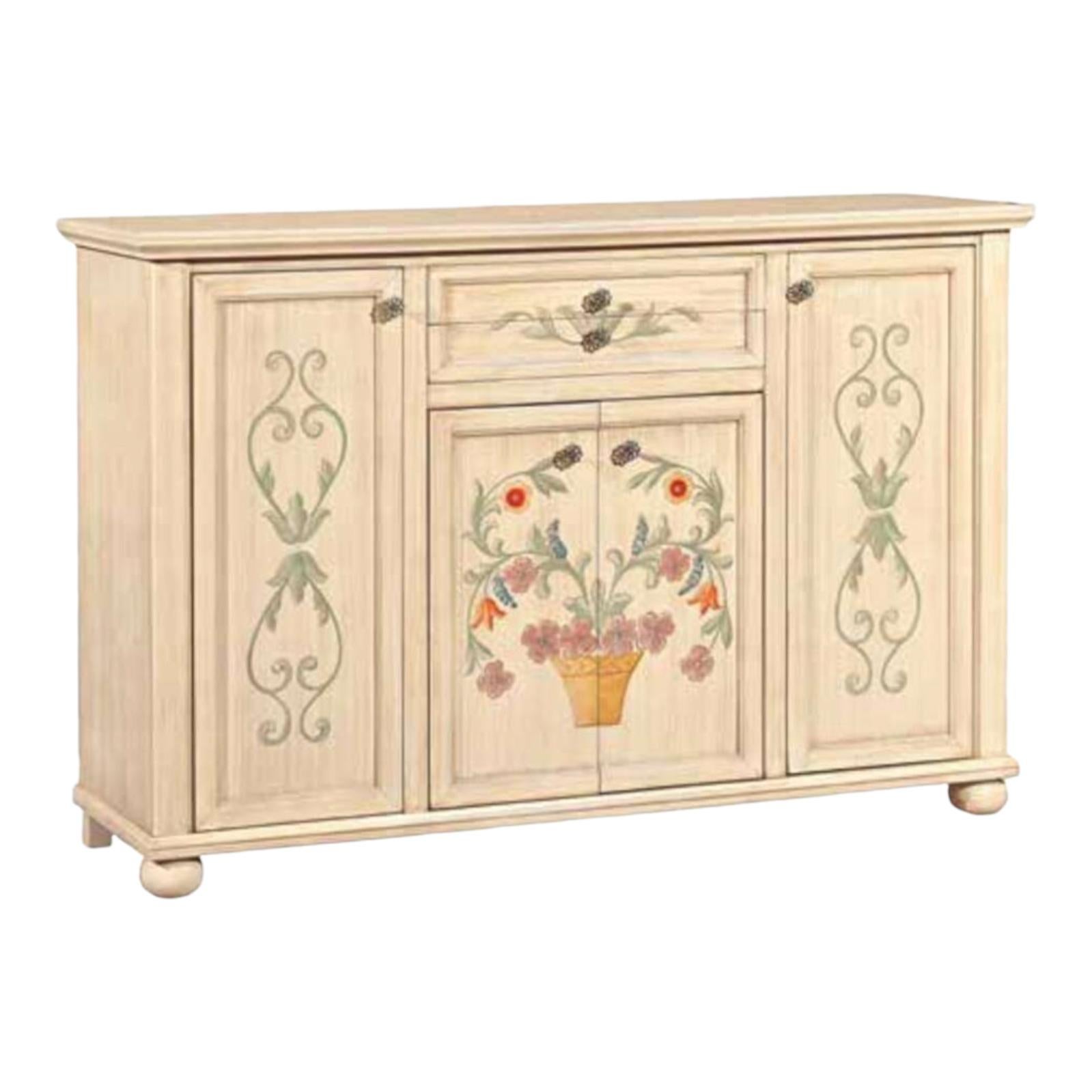 MOBILI 2G MADIA CREDENZA IN LEGNO 4 PORTE AVORIO PENNELLATO E DECORI