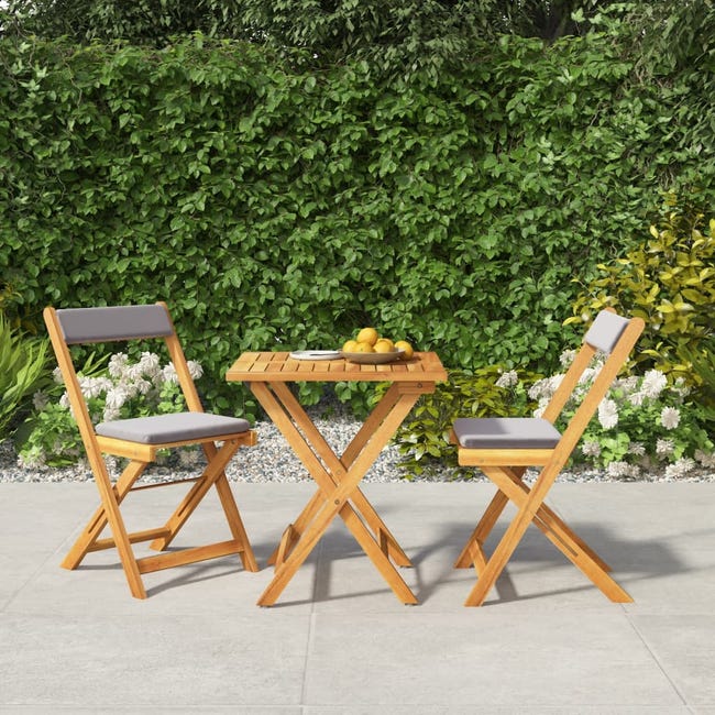 pulgar Entretener pulgada VidaXL Mesa y sillas plegables terraza 3 pzas y cojines madera acacia |  Leroy Merlin