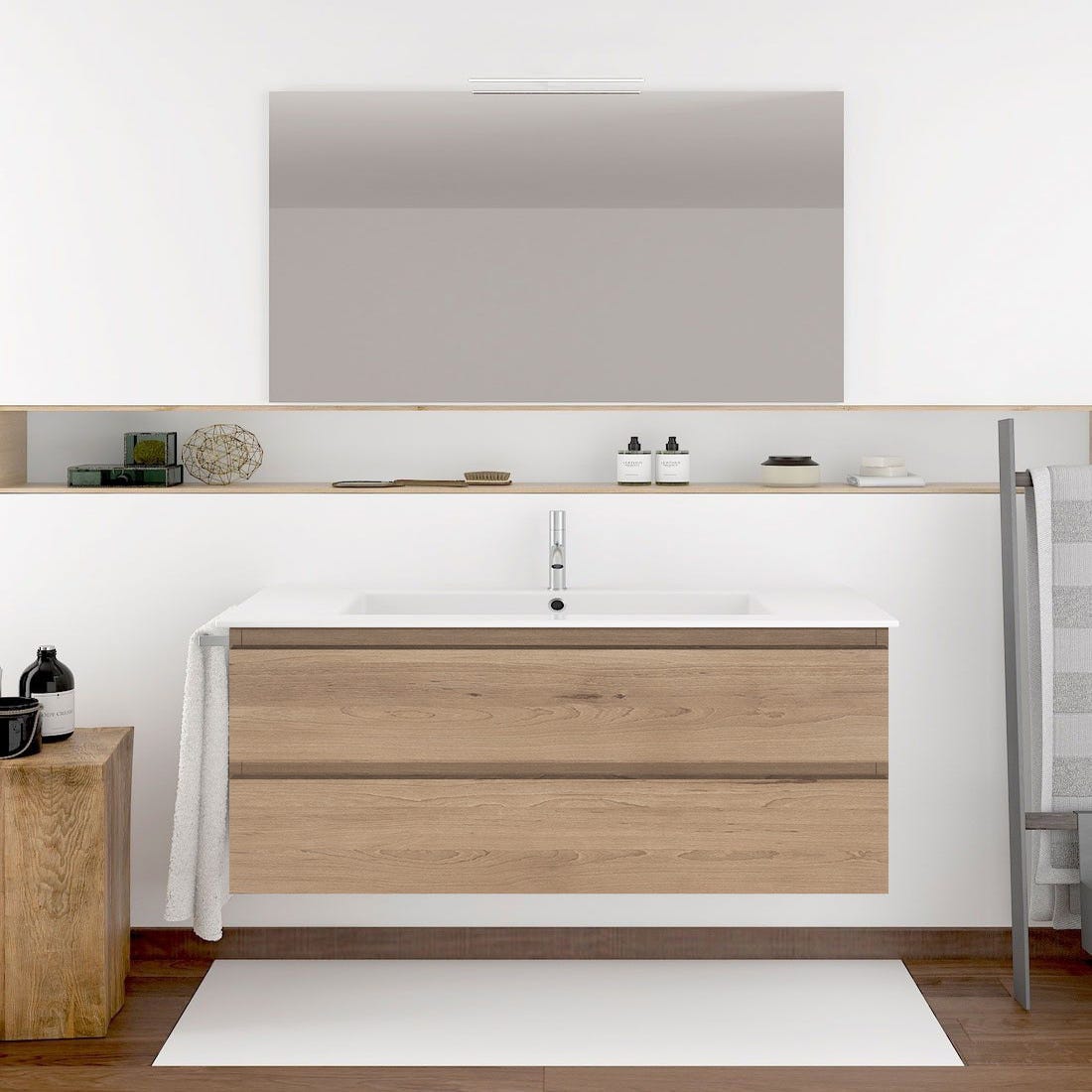 Mueble de Baño Suspendido Ibiza de 2 cajones incluye lavabo y espejo -  Estepa 90 x 45 cm seno desplazado a izquierda