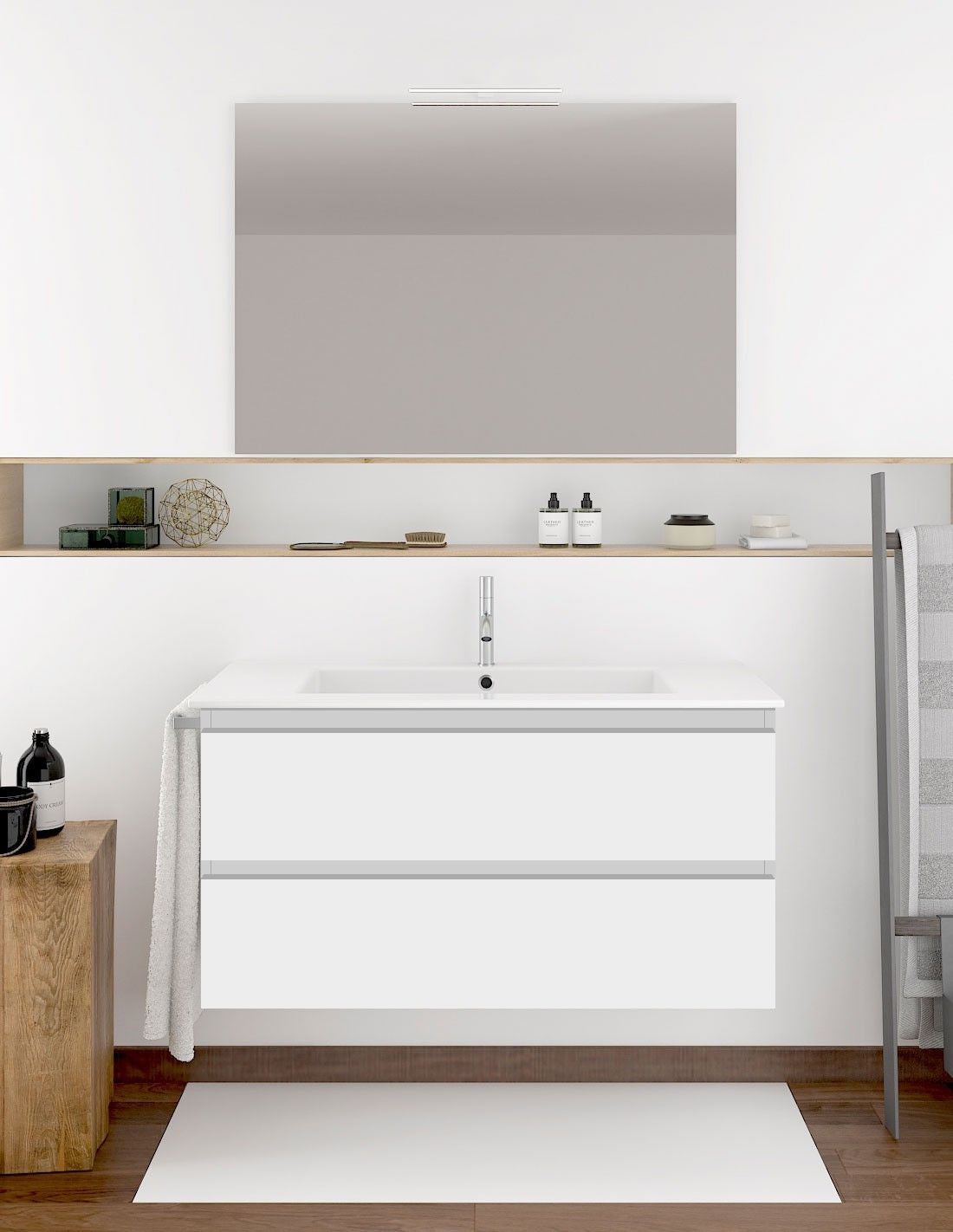 Mueble de baño suspendido ibiza de 2 cajones incluye lavabo y espejo - blanco 100 x 40 cm