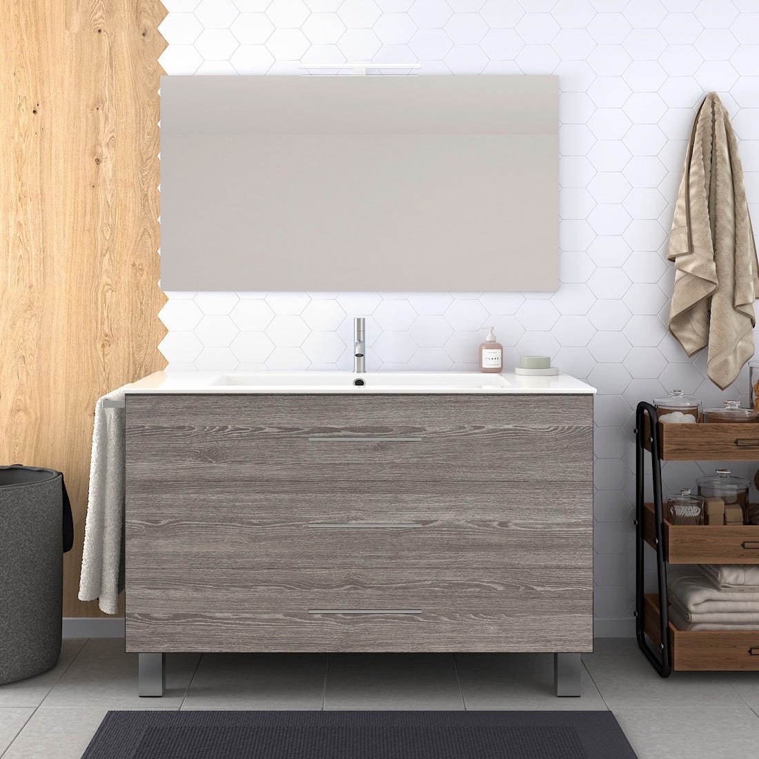 Conjunto de Baño NEBARI con patas incluye mueble, lavabo y espejo se envía  MONTADO Estepa 100x40Cm con cajón