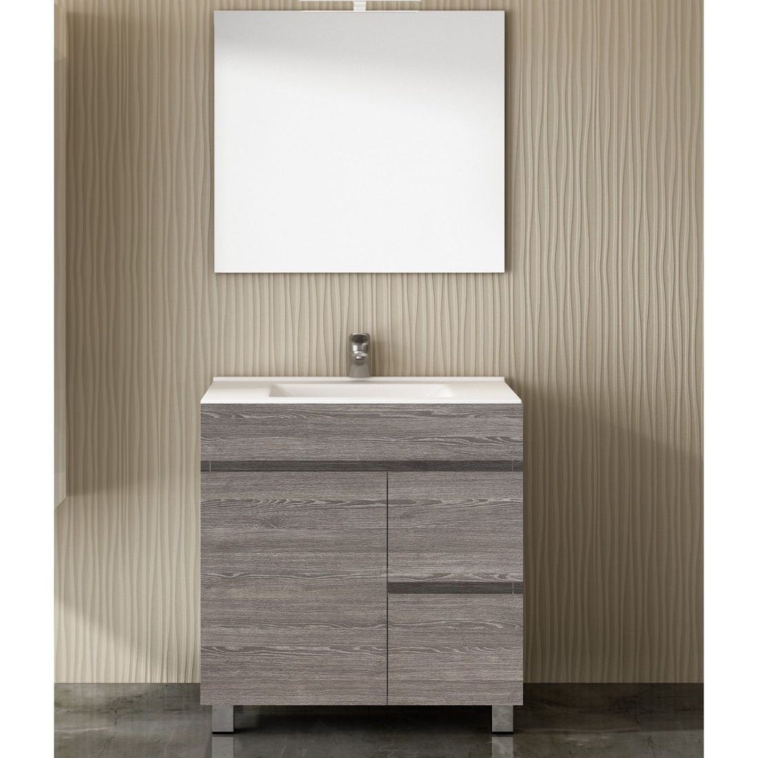 Mueble de Baño Isquia 2 cajones y dos puertas incluye lavabo y espejo -  Roble Smoky 60 x 35 cm