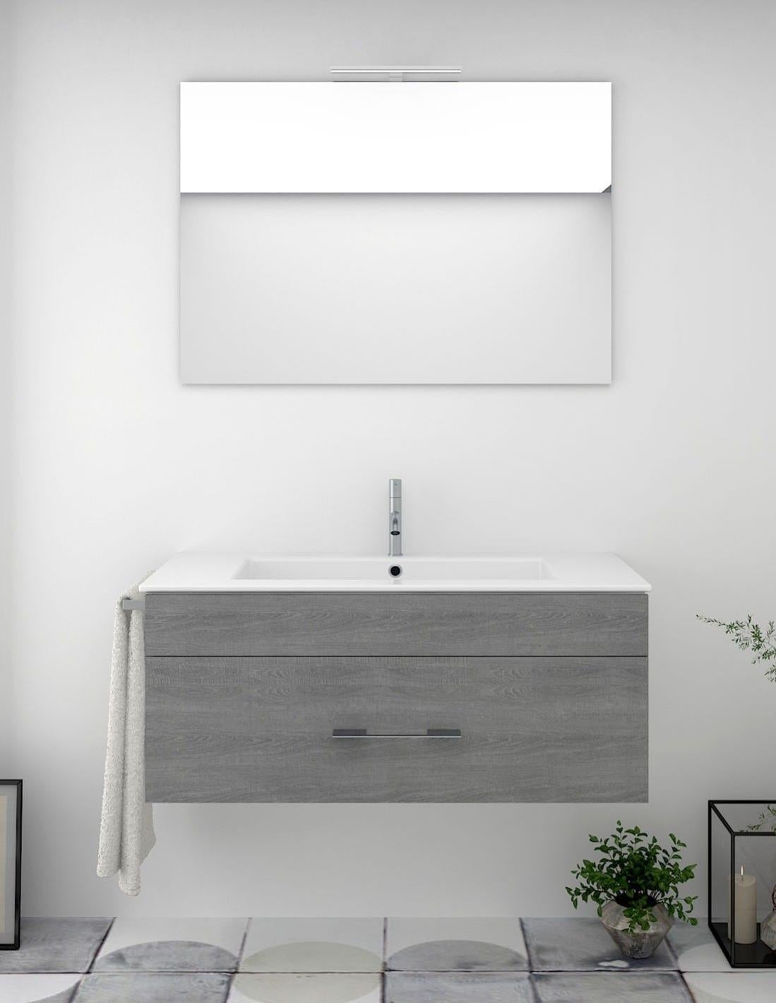 Mobile Bagno Sospeso Con Cassetto 90 Cm Rovere America Cannettato Con Top E Specchio Mida