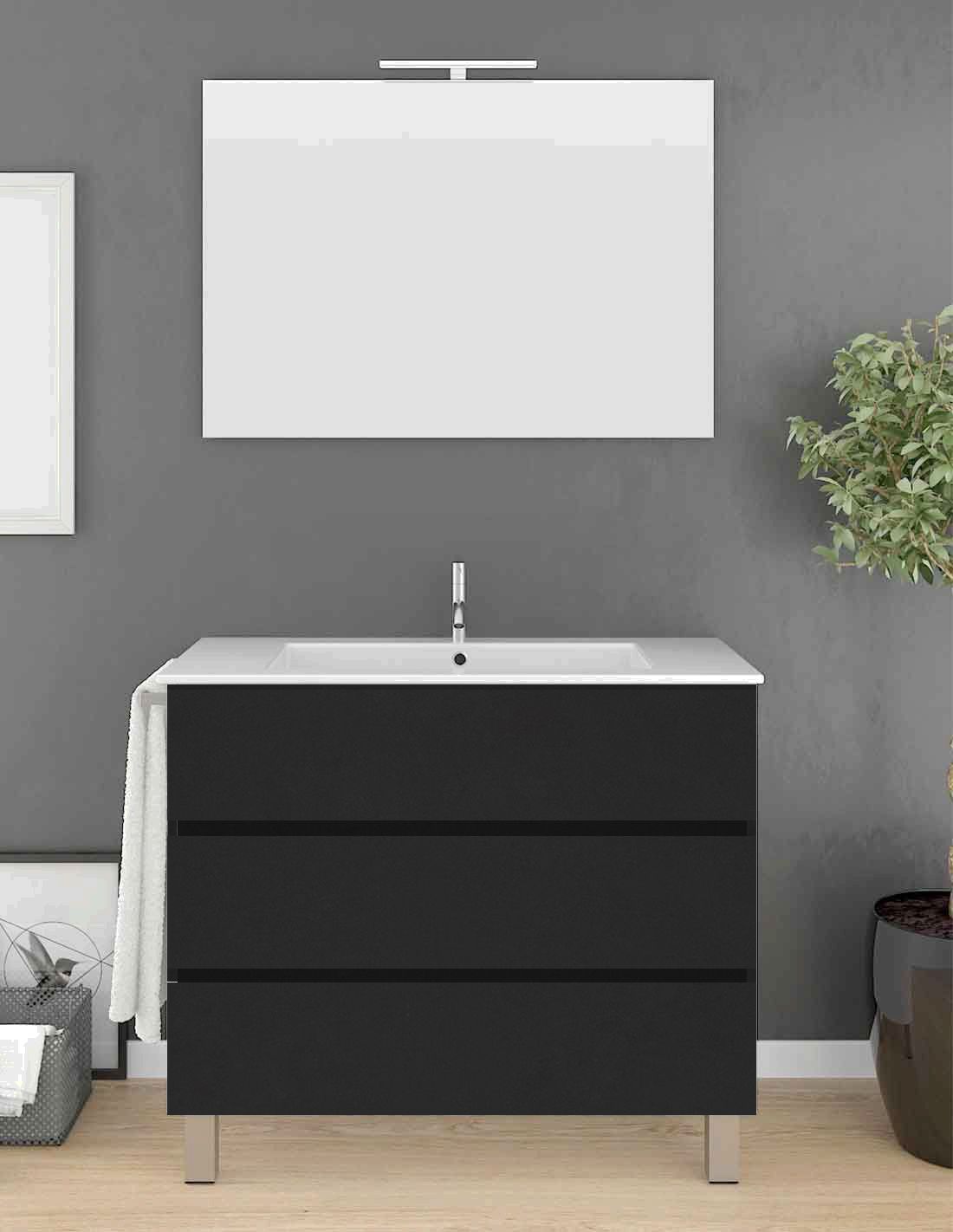 Set da bagno Imperia 3 cassetti Include Mobile, Lavabo e Specchio - Grafite  80x40Cm