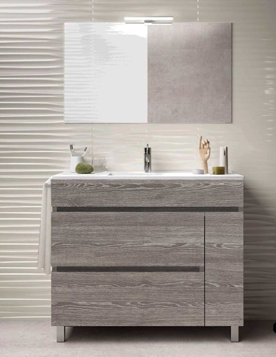 Mobile Bagno da terra 100 cm linea Way in rovere scuro con specchio e lavabo