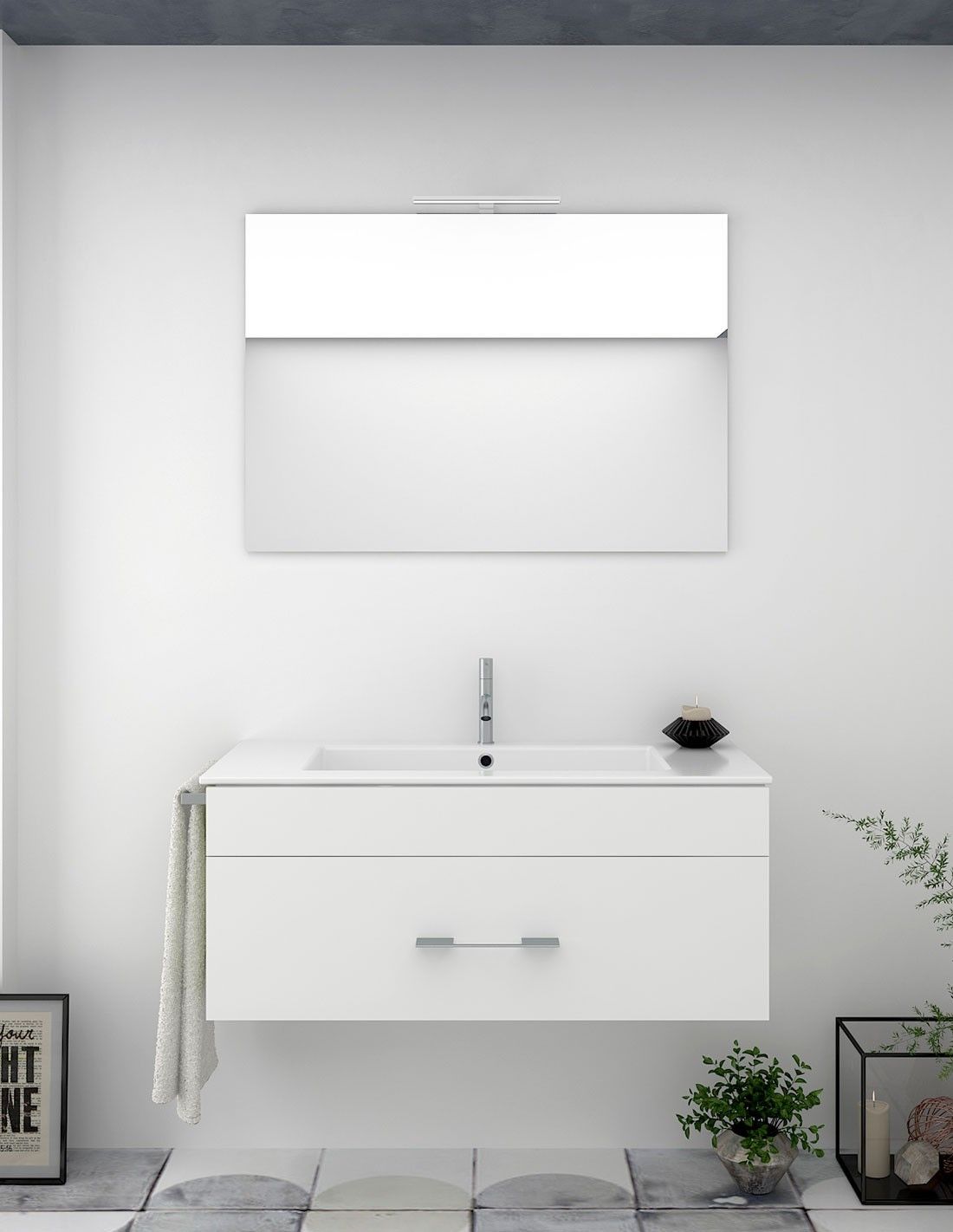 Set da bagno Zeus con mobili, specchio rotondo retroilluminato e Lavabo da  appoggio 100 cm con ripiano a destra Rovere Smoky