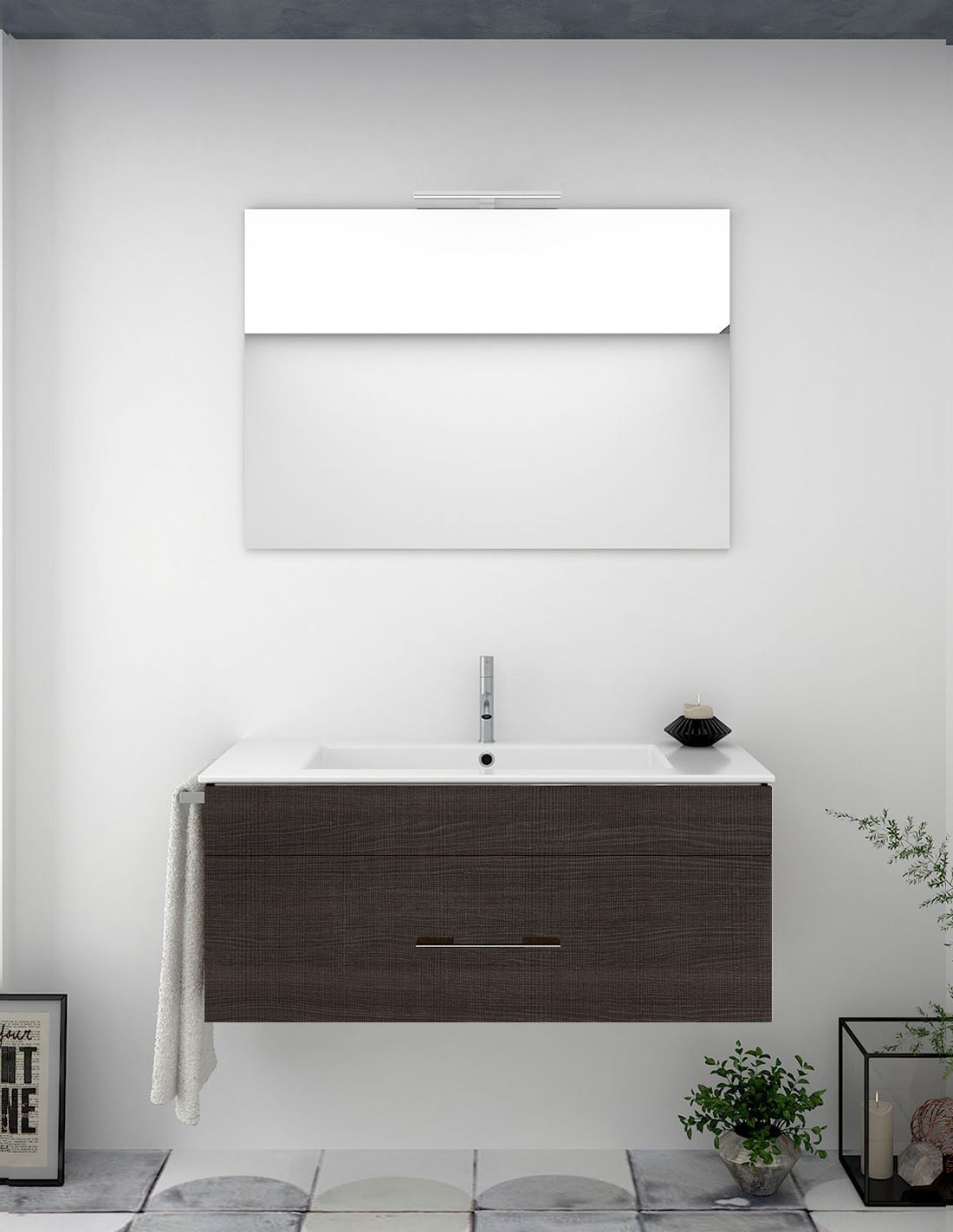 Set da bagno Zeus con mobili, specchio rotondo retroilluminato e Lavabo da  appoggio 100 cm con ripiano a destra Bianco Nordico