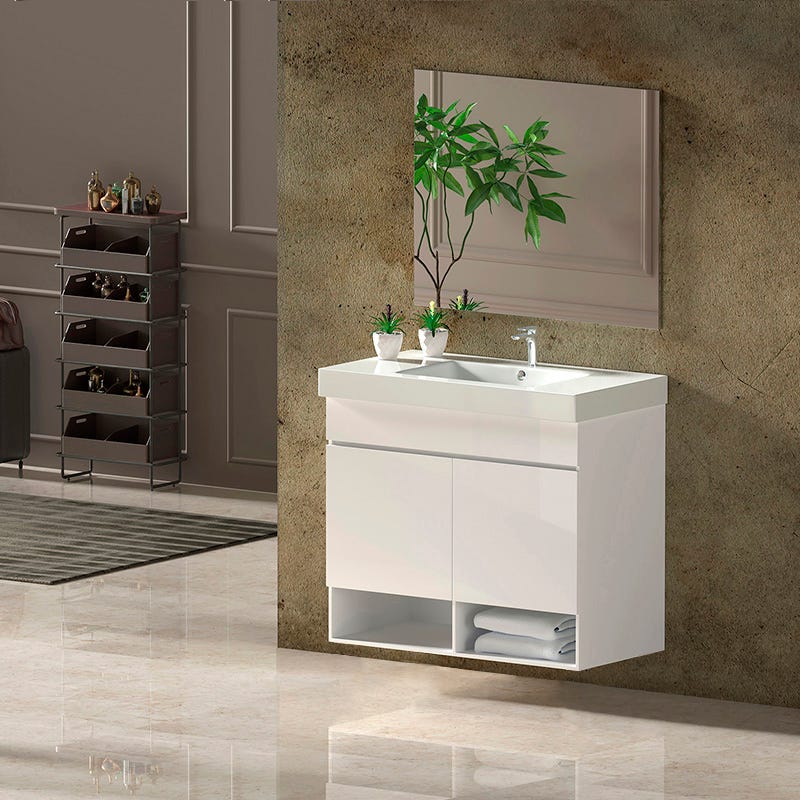 Mueble para Baño Pack Blanco Brillo (Mueble+Espejo+Lavabo Cerámico