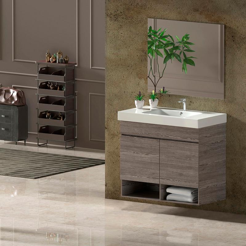 Conjunto de baño nebari incluye mueble, lavabo y espejo se envía montado roble smoky 100x45cm