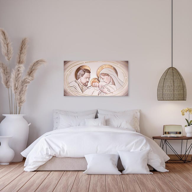 Quadro moderno su tela in cotone Sacra famiglia SHINY 77x143 cm THE KISS  CERAMIC con glitter e brillantini oro, per soggiorno, camera da letto
