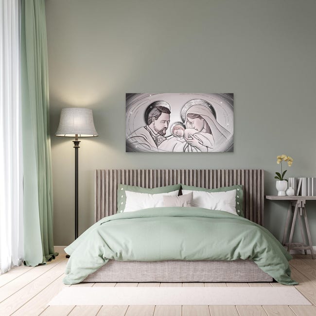 Quadro moderno su tela in cotone Sacra famiglia SHINY 77x143 cm THE KISS  CERAMIC GREY glitter e brillantini argento, per soggiorno, camera da letto