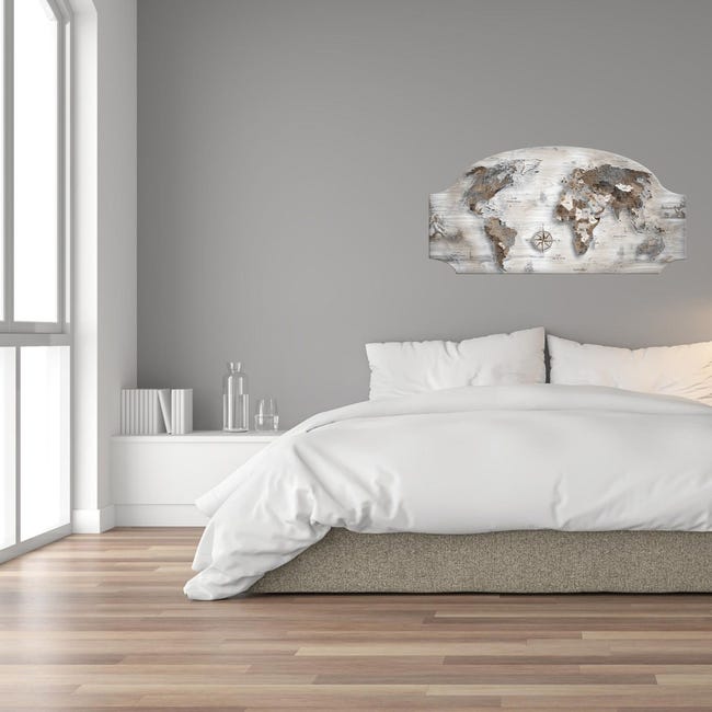 Quadro moderno camera da letto Capezzale mappamondo FASHION TABLE 50x100 cm  WORLD'S MAP MIX su tavola lavorata