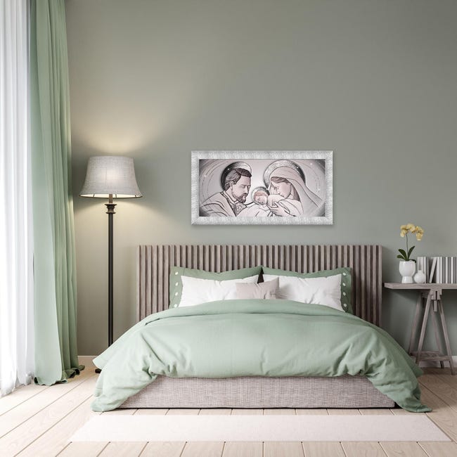 Quadro moderno su tela Sacra Famiglia con cornice e glitter PRINCE 63x133 cm  THE KISS CERAMIC GREY SILVER, per camera da letto e soggiorno