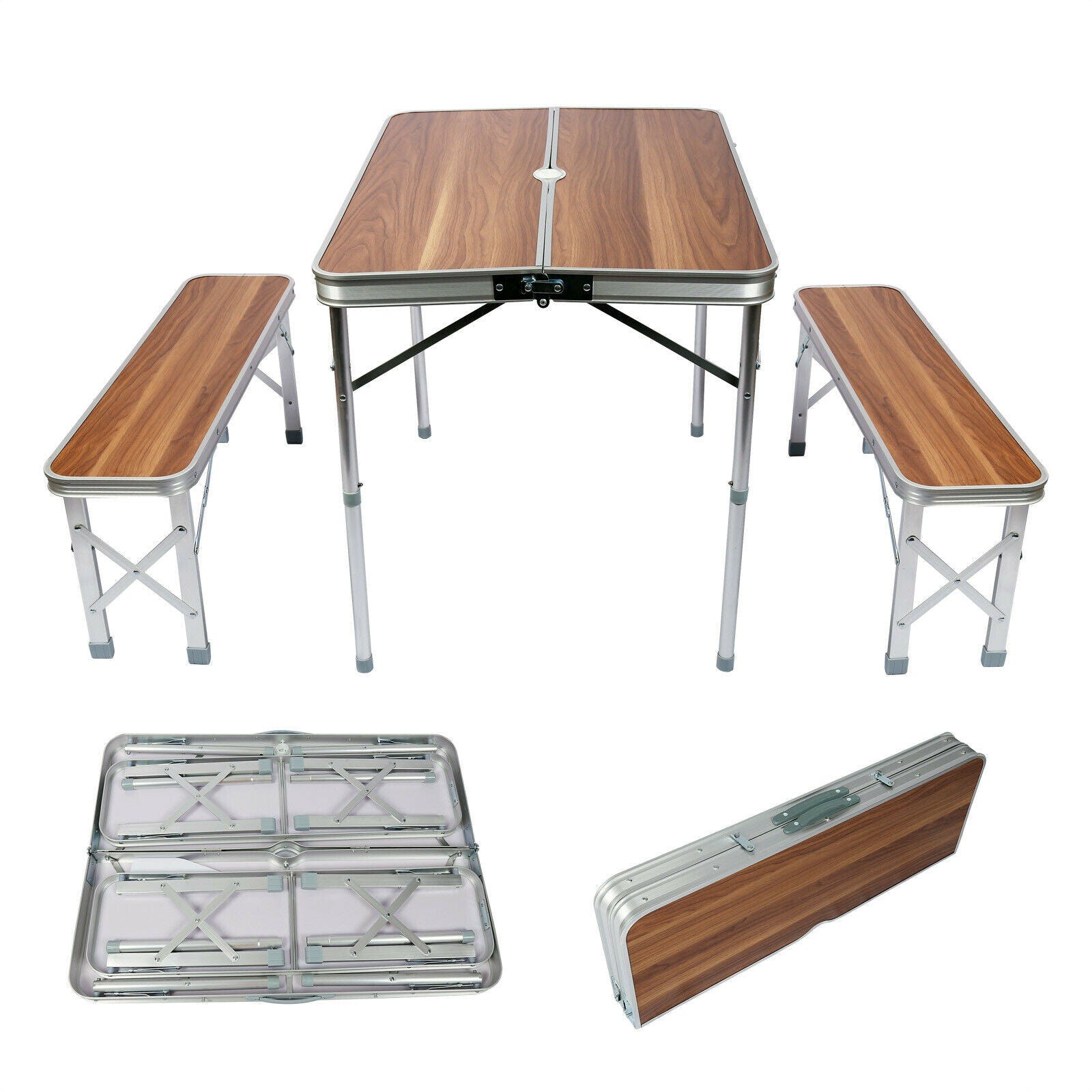 Table pliante valise aluminium 2 bancs table de camping finition