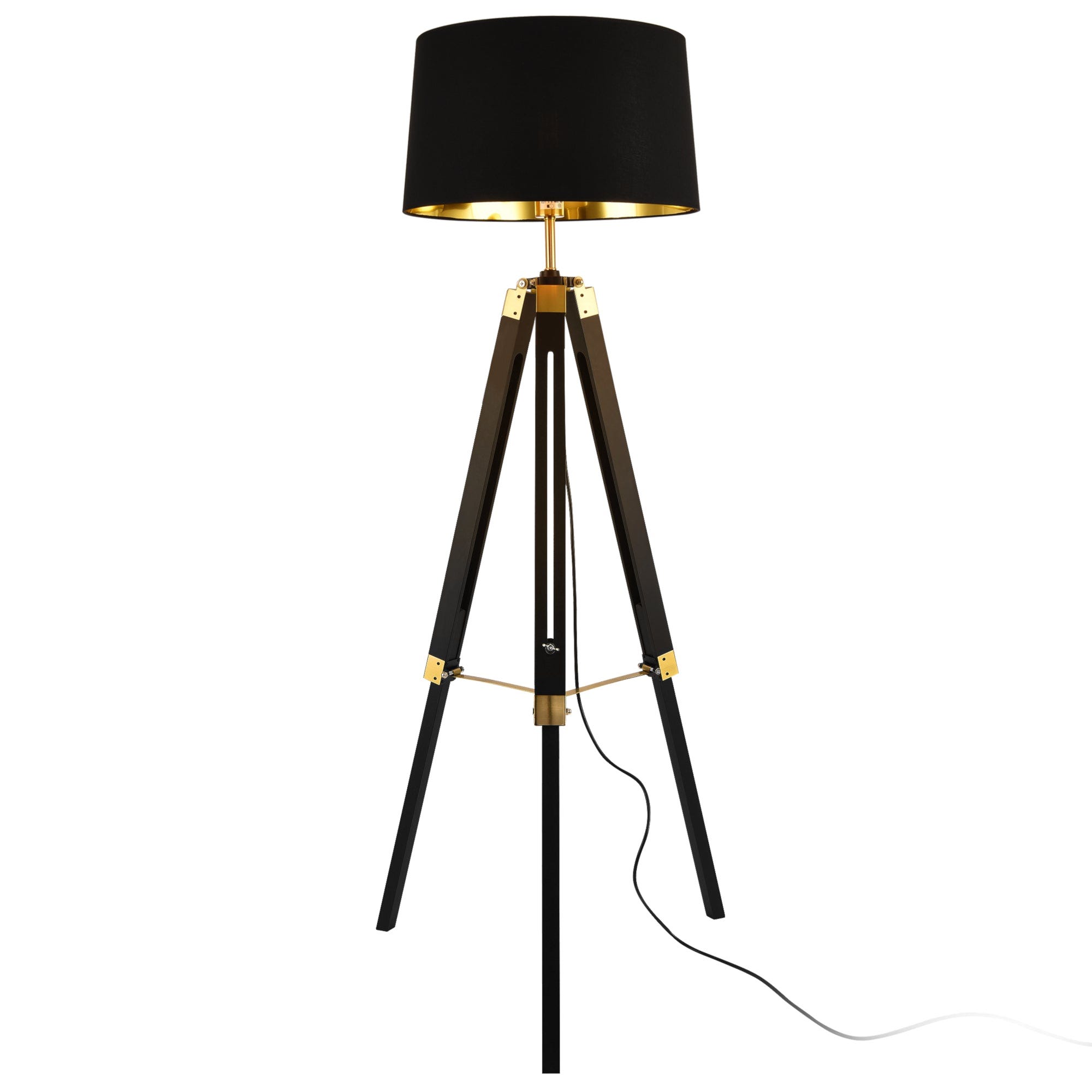 Lampadaire lampe trépied avec pieds en métal abat-jour en tissu noir et  laiton hauteur 145 cm 03_0005250