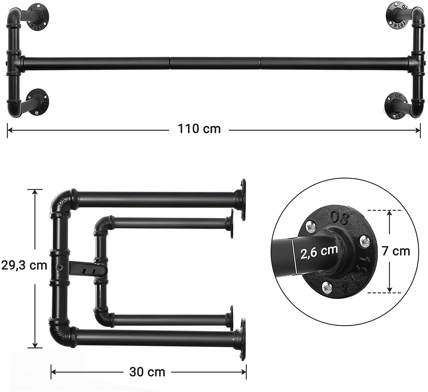 Porte-vêtements sur roues avec tuyaux industriels en métal noir - H162 cm