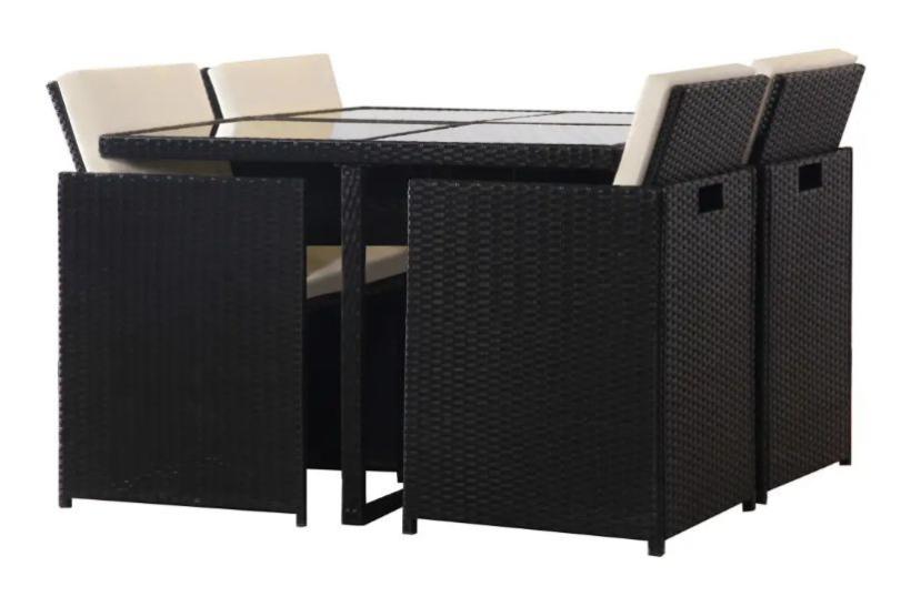 Table carrée et 4 chaises de jardin résine tressée noir et coussins