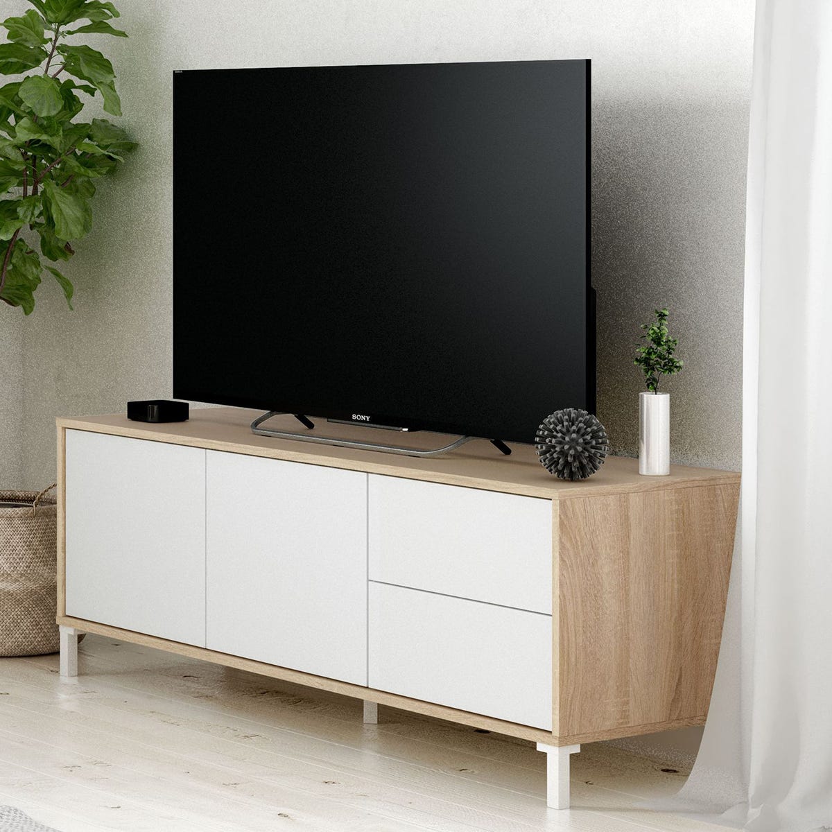 Mobile porta TV moderno soggiorno salotto camera letto BIANCO + ROVERE 130  X 41 X 47 cm 016622F