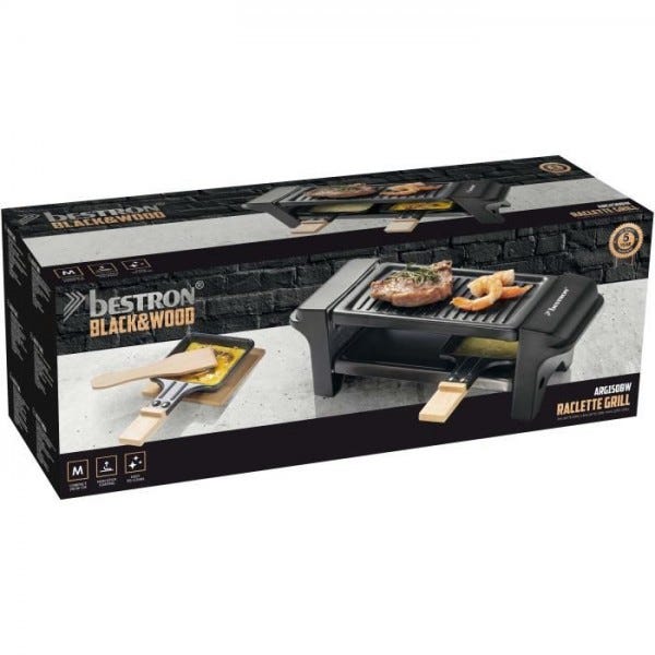 Appareil a Raclette Bestron , Mini Grill pour 1 a 2 personnes, avec 2  poelons et 2 spatules, 350 Watts, couleur: noir/bois