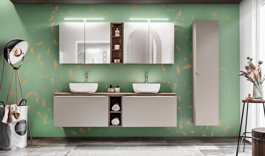 Ensemble complet salle de bain couleur taupe avec double vasque 180 cm