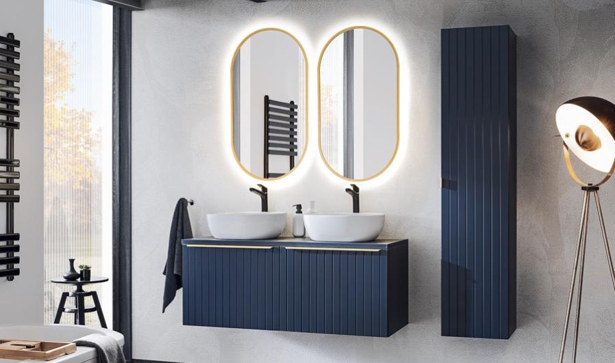 Ensemble de salle de bain bleu avec miroirs ovales et double vasque 120