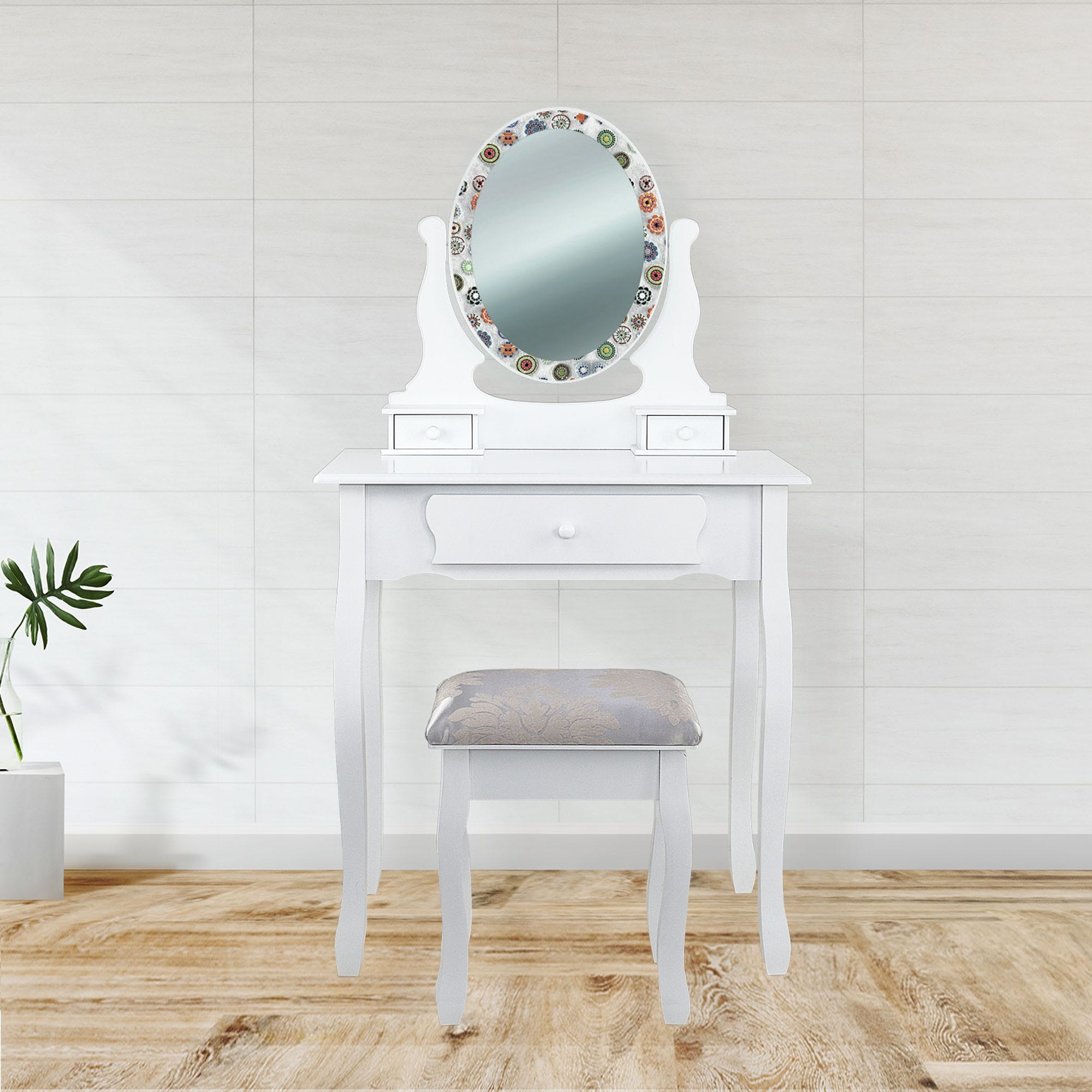 Specchiera Toilette tavolo da Trucco Cosmetici 3 Cassetti con Sgabello e  Specchio decorato con stampa 75x40x136 cm VETRI COLORATI