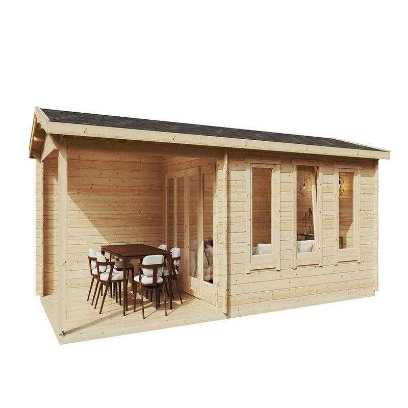 Caseta de jardín de madera con porche HELEN (44 mm), 6x6 m, 24 m² + 12.5 m²