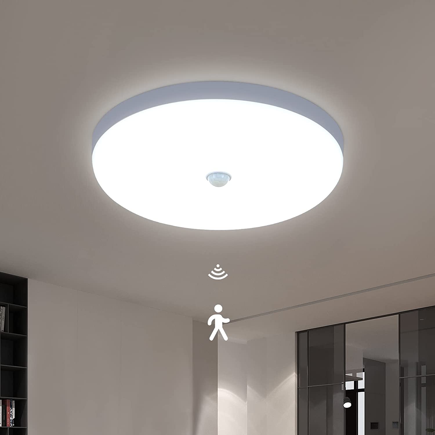 Plafonnier LED avec Détecteur de Mouvement, 30W 6600K Lampe de