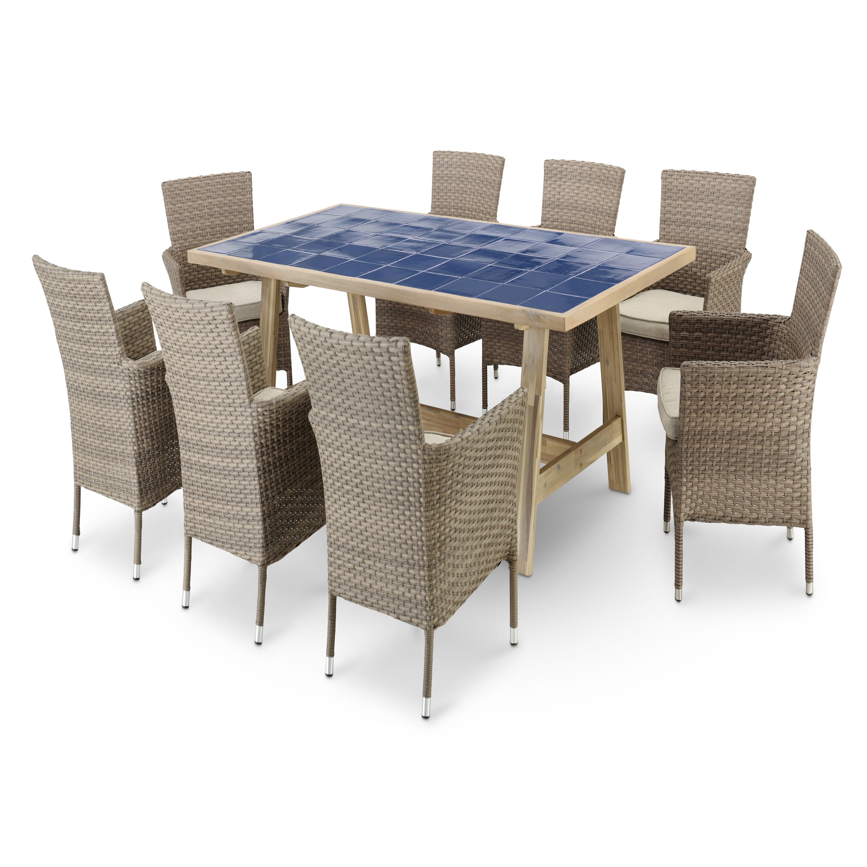 Set da pranzo da giardino tavolo legno e ceramica blu 200x100 + 8 sedie  impilabili rattan sintetico con cuscino Bolonia - Java Light & Bolonia