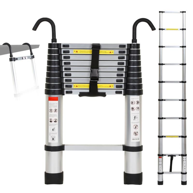 Scala Telescopica In Alluminio 2,6 M - 9 Pioli, Gancio Rimovibile, Portata 150 Kg, Chiusura A Pulsante, Antiscivolo, Colore Nero/giallo
