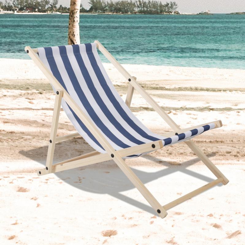Sdraio In Legno Pieghevole A Strisce Blu E Bianche - Per Spiaggia, Giardino, Campeggio, Portatile (max 120 Kg)