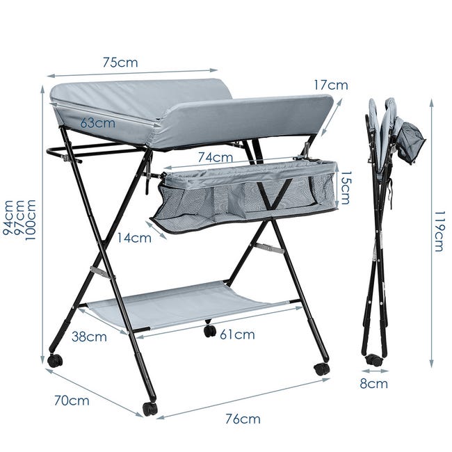 Table à langer pliante pour bébé hauteur ergonomique avec barre à linge  panier de rangement à roulettes verrouillables gris - Conforama