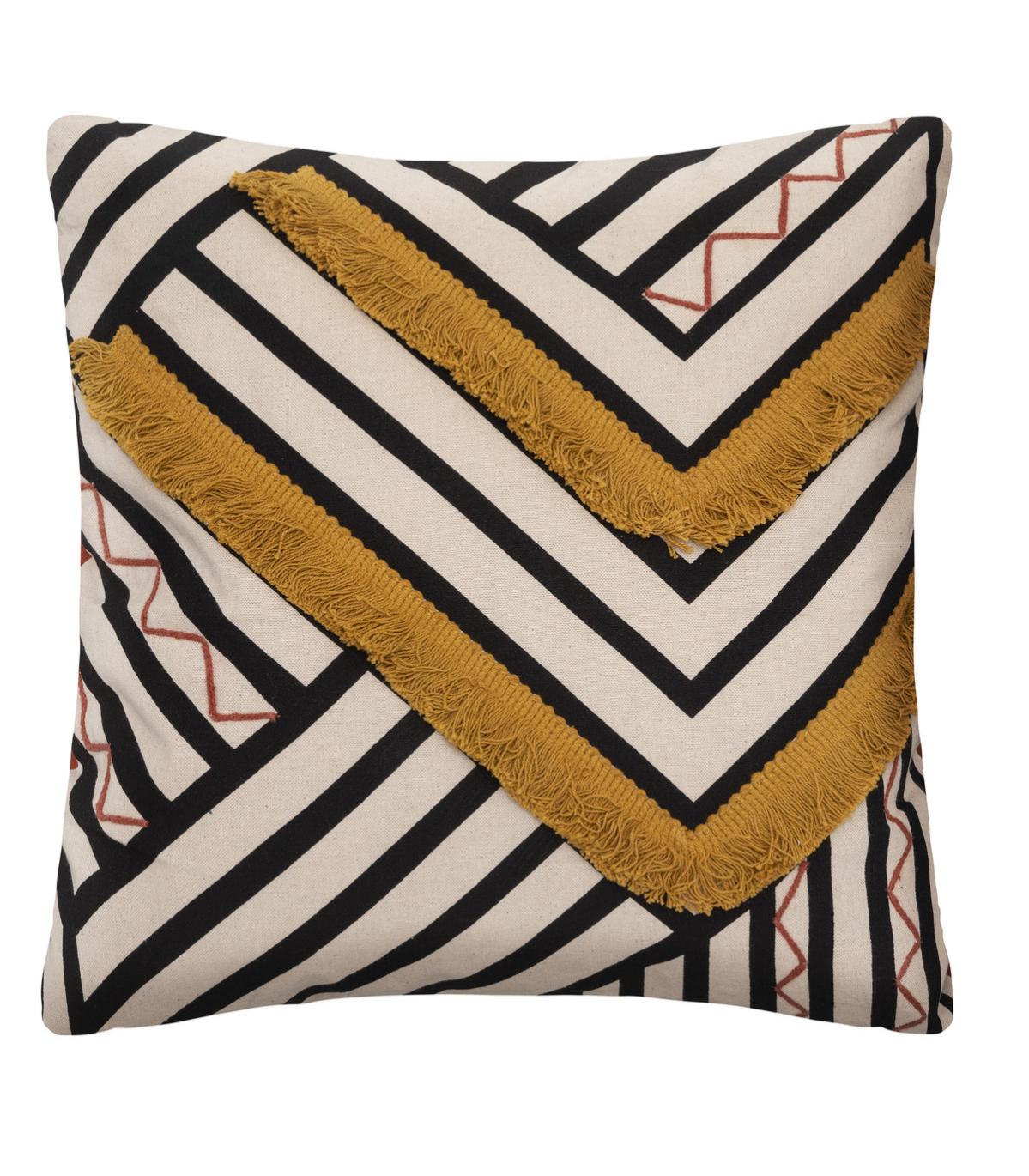 Housse de coussin noir et ivoire motifs franges dentelles Ocre 40 x 40