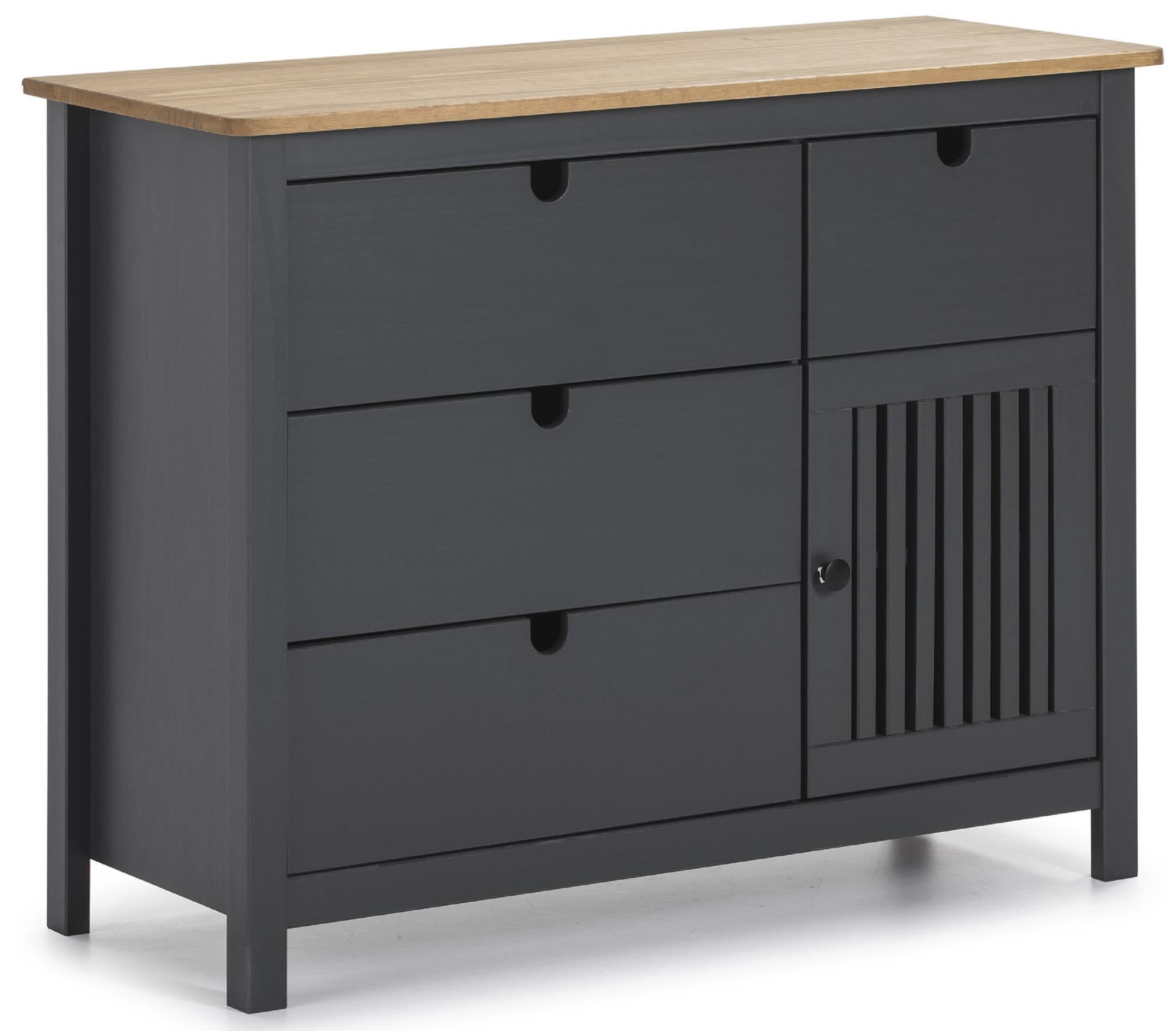 Commode en pin massif décor ciré gris anthracite et chêne, meuble de rangement - Longueur 100 x Profondeur 40 x Hauteur 80 cm - 2