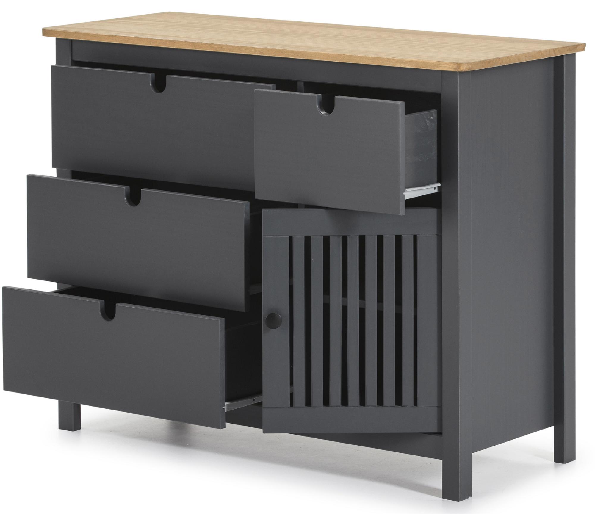 Commode en pin massif décor ciré gris anthracite et chêne, meuble de rangement - Longueur 100 x Profondeur 40 x Hauteur 80 cm - 4