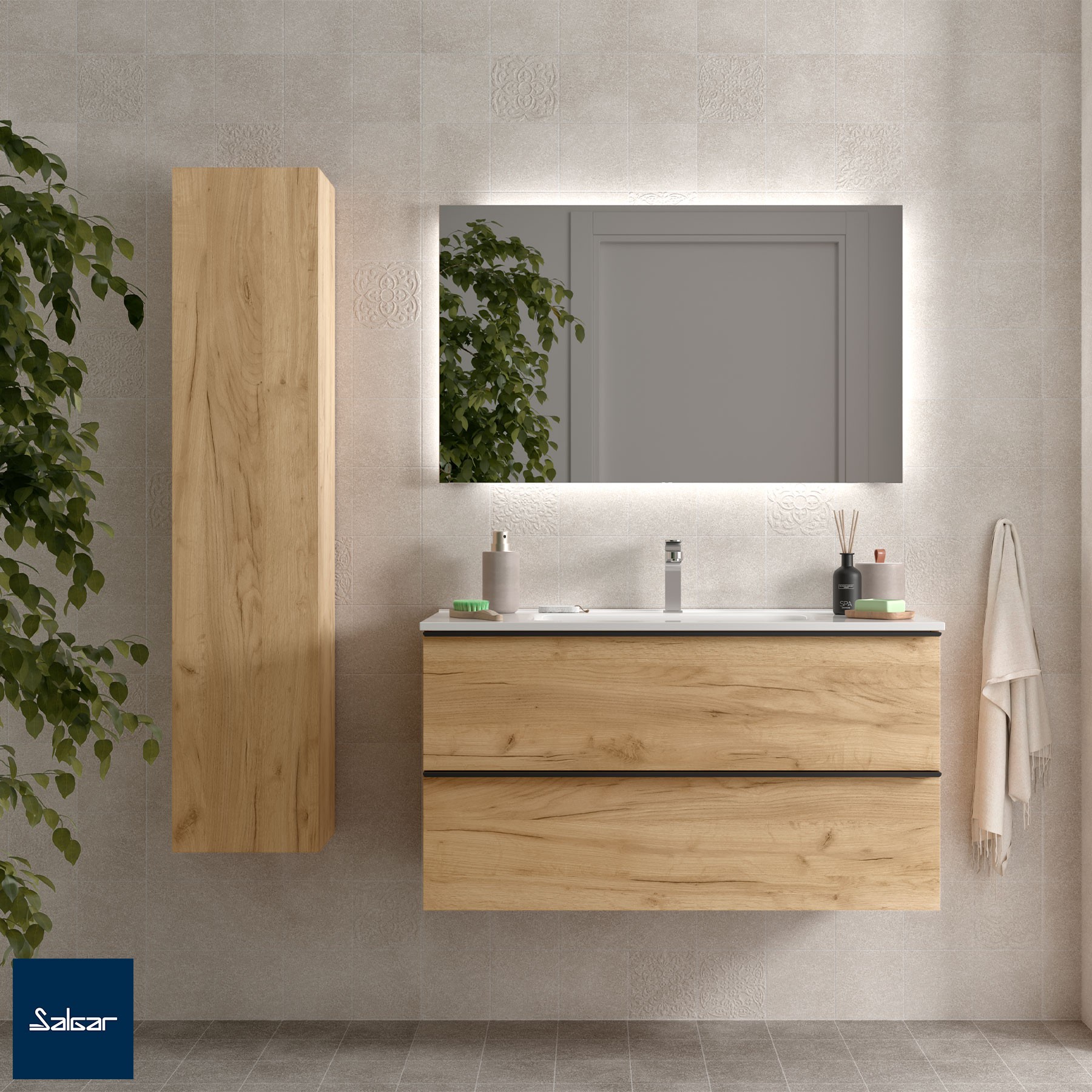 Mueble de baño nabua 100 cm roble con tirador de pestaña | lavabo de porcelana