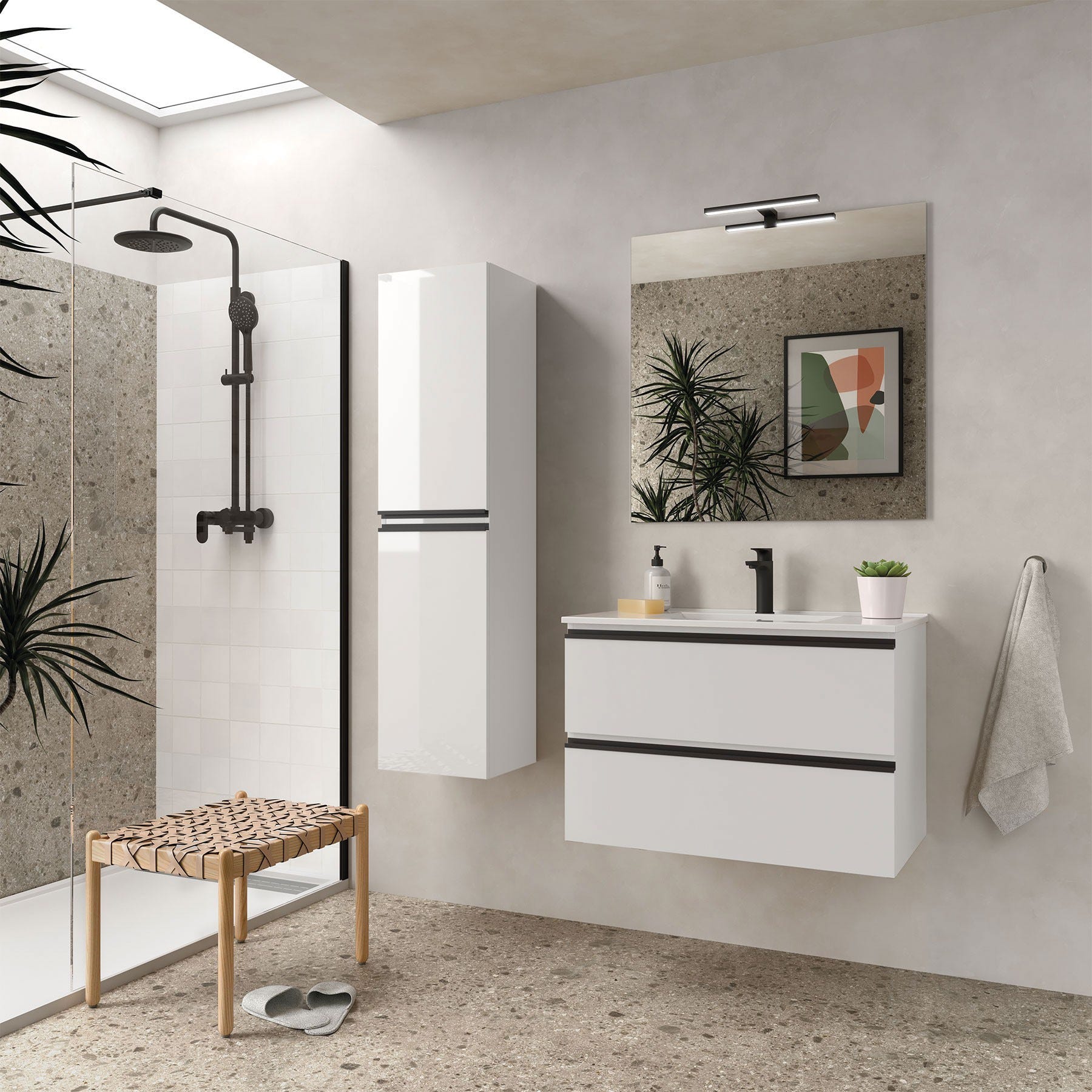Mueble de baño Discovery 80 cm Blanco Brillo 2 cajones con lavabo y  tiradores negros o cromados