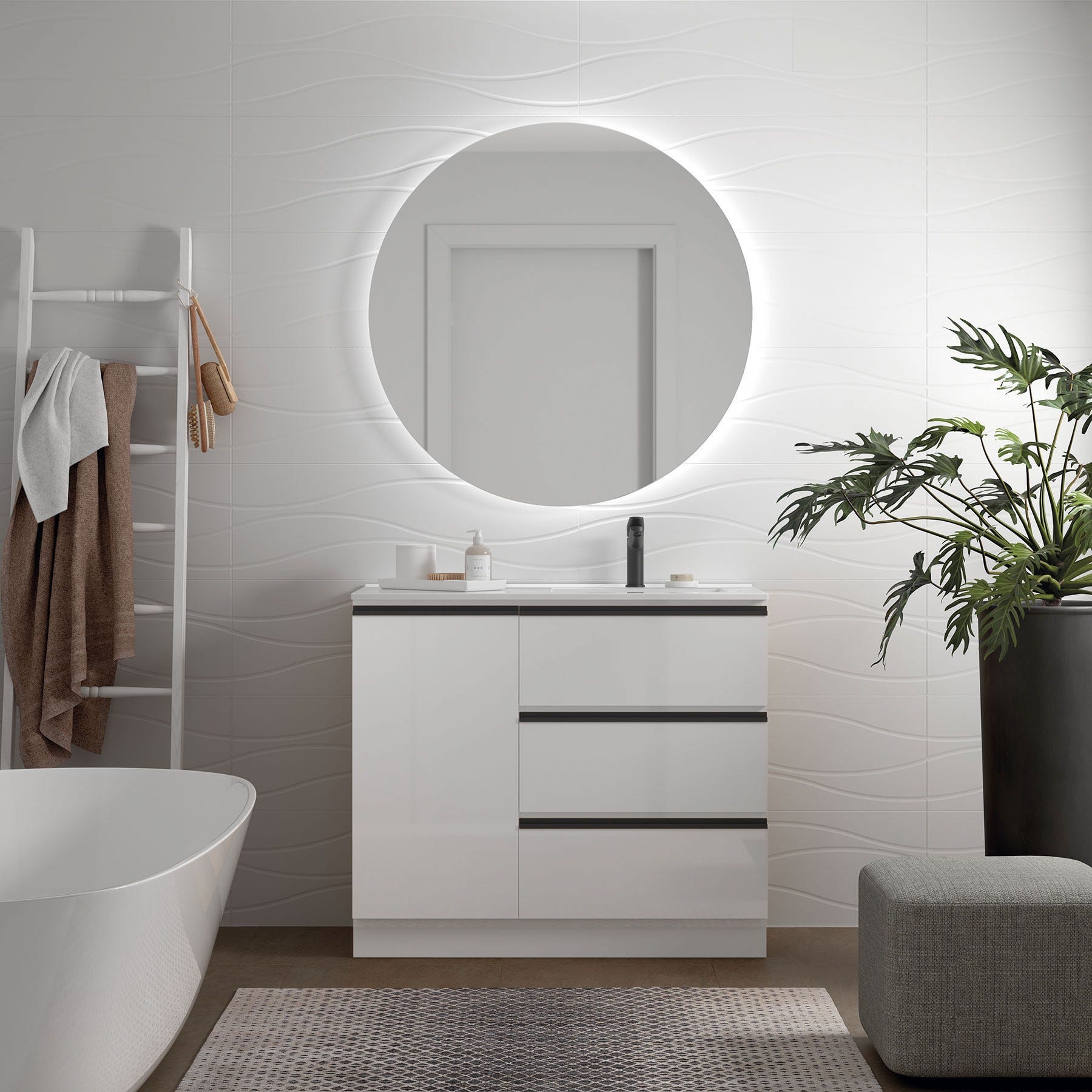 Mueble de baño Discovery 100 cm Blanco Brillo 3 cajones y 1 puerta con  lavabo y tiradores negros o cromados