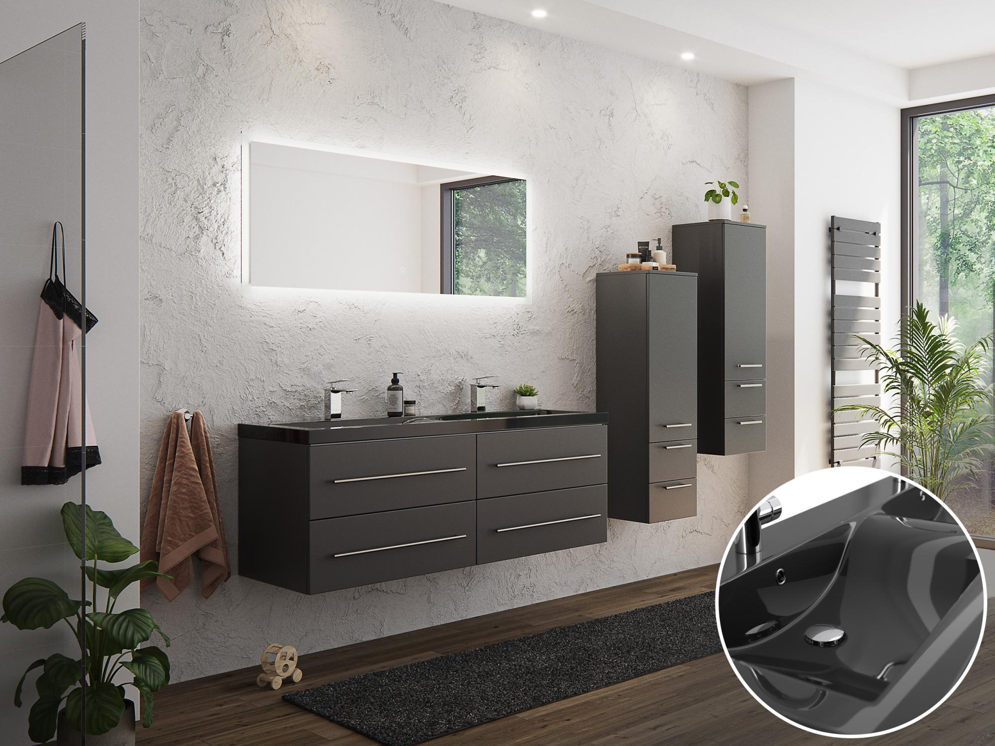 Ensemble De Meubles De Salle De Bain En Chêne Satiné Anthracite - Meuble Sous Vasque 140 Cm, 2 Lavabos, Armoire Miroir LED, Placards Hauts