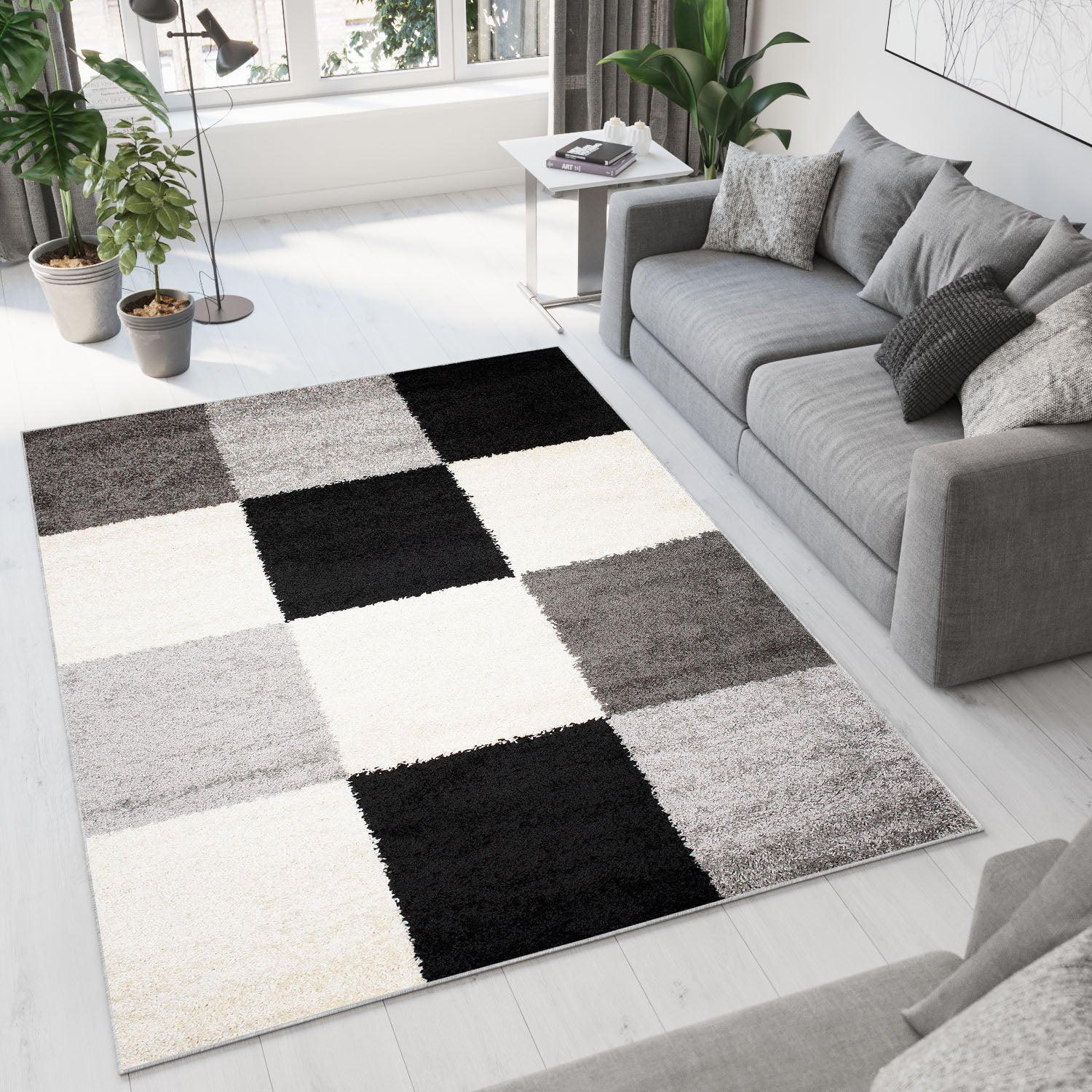 Tapiso delhi alfombra de salón habitación negro crema gris pelo largo shaggy suave 60 x 100 cm