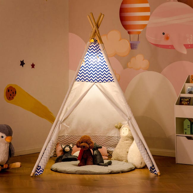 Tenda Indiana per Bambini 120x120x155 cm in Tessuto e Legno Bianco e Blu