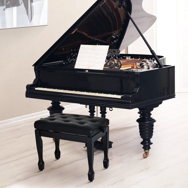 Panca Sgabello Pianoforte con Altezza Regolabile 64x35x45-55 cm in Similpelle  e Legno Nero