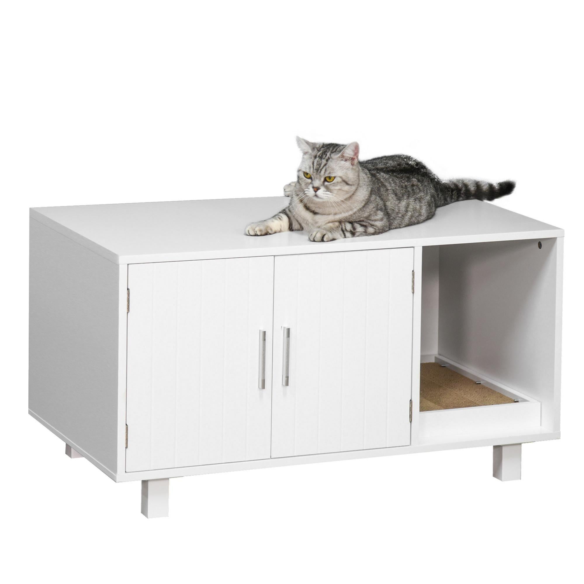 Mobile Lettiera Per Gatti In Legno Bianco - Armadietto Nascosto Con Ante Magnetiche, 105x53x51 Cm, Multiuso