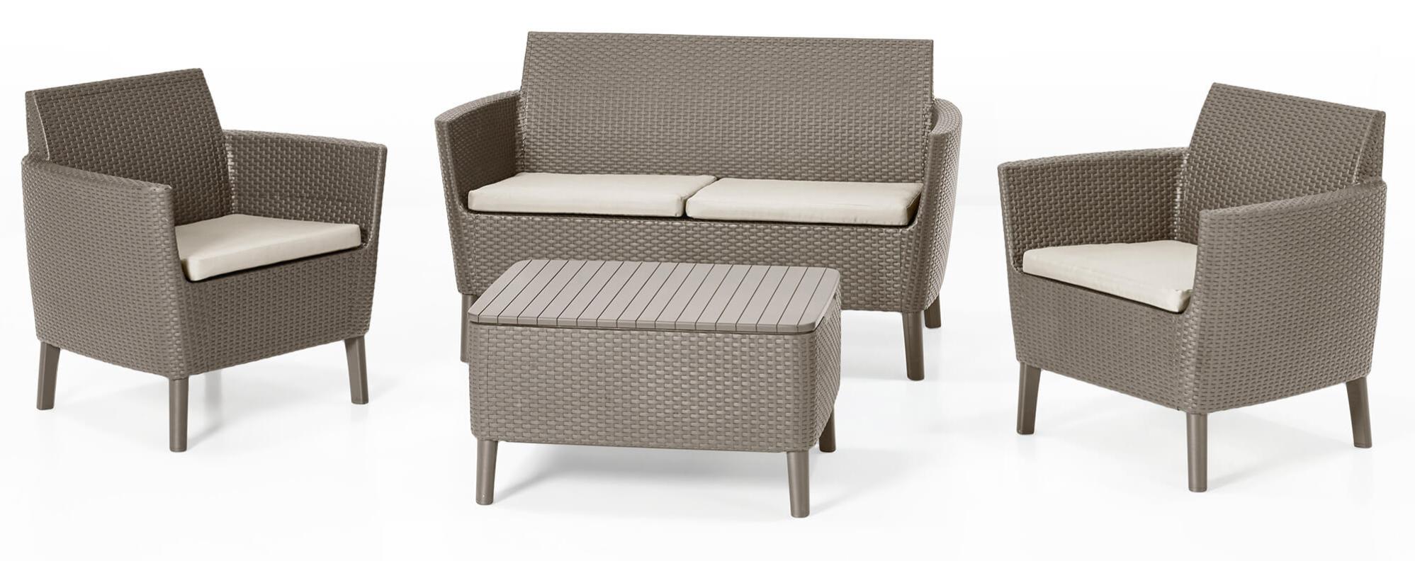 Set Salotto Da Esterno Divano 2 Poltrone E Tavolino In Rattan - Vetro Temperato, Acciaio Zincato, Cuscini Sfoderabili