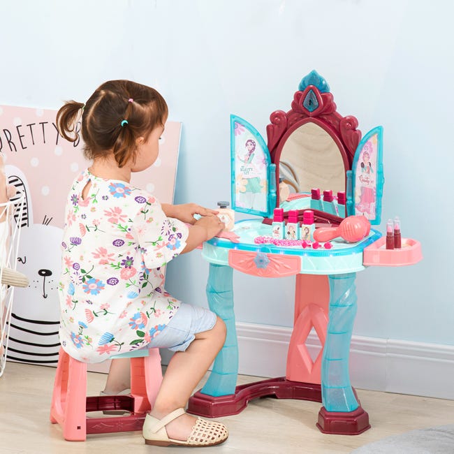 Set specchiera giocattolo con sgabello per bambine in legno rosa