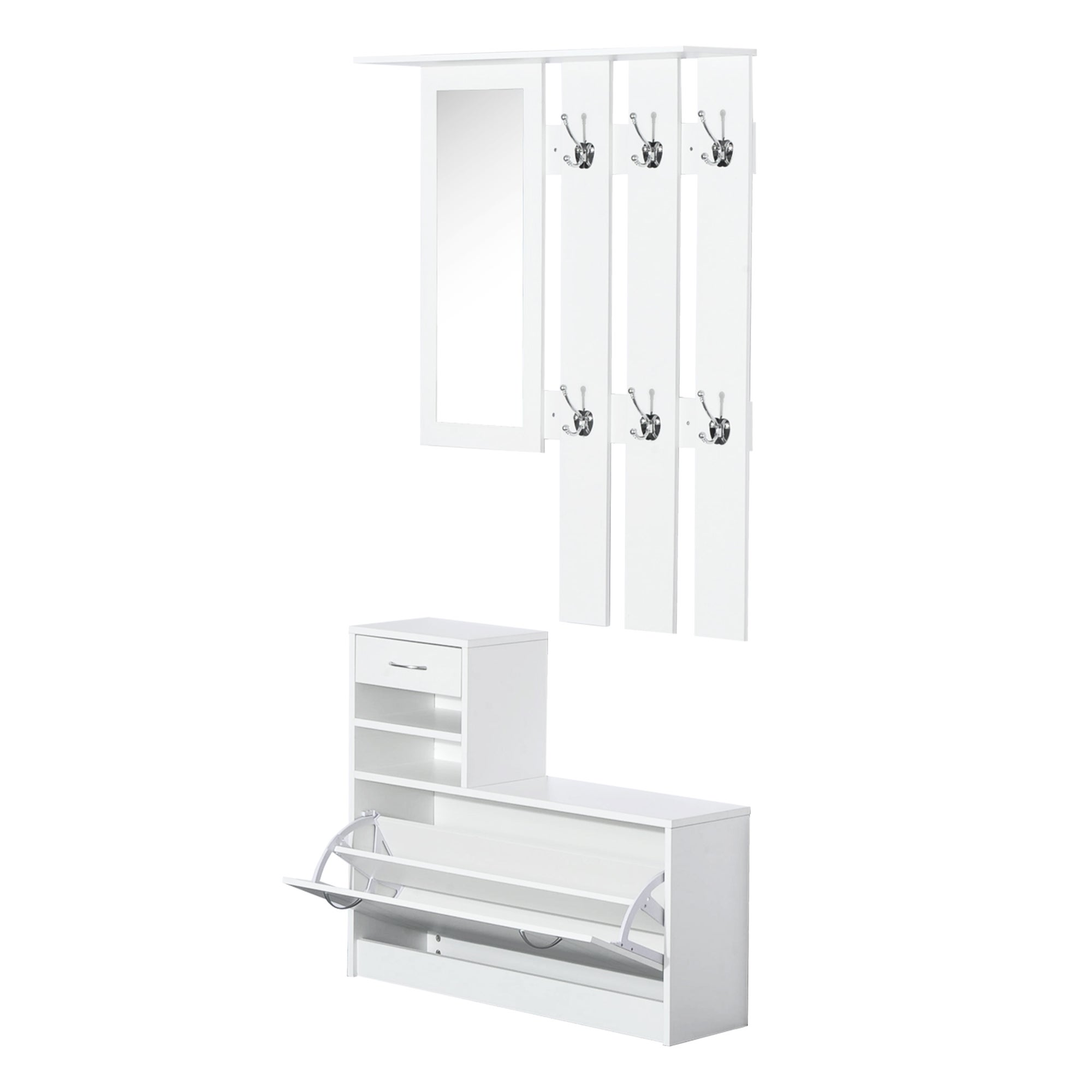 EASYCOMFORT Mobile d'Ingresso Moderno Guardaroba Set Appendiabiti, Specchio  e Scarpiera 3 in 1, in Legno Bianco